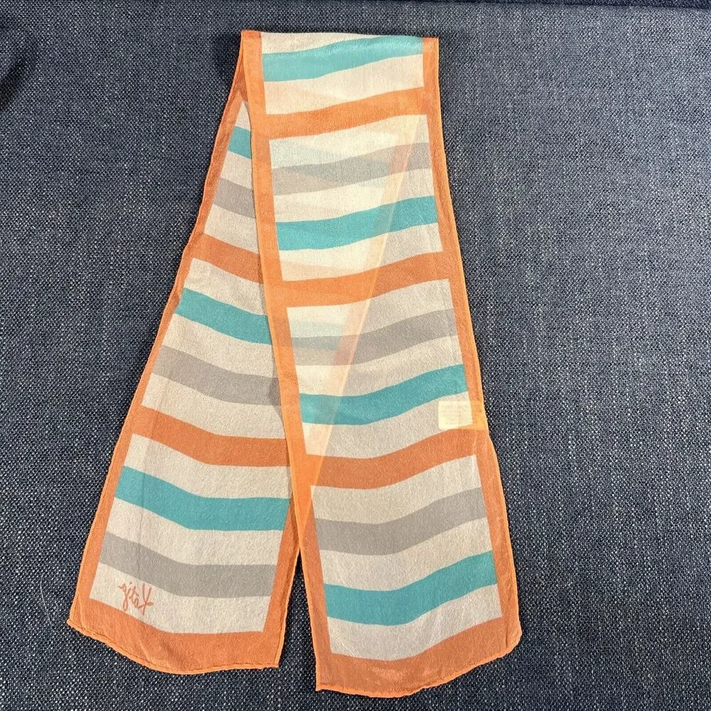 VINTAGE sscarf Katja XIIX Karat silk Crepe coral turquoise Striped 5x34